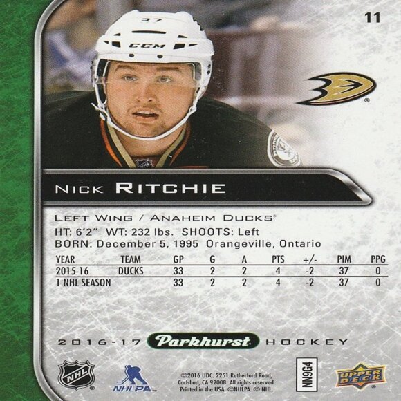 Nick Ritchie - 2016/2017 Parkhurst Hockey Card - Picture 2 of 2
